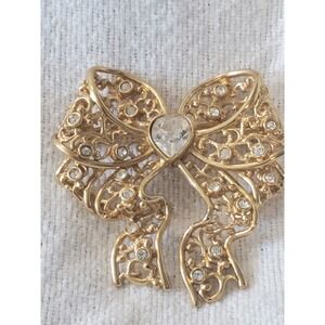 BROOCH GOLD TONE SIGNED PIN 2" RHINESTONE HEART BOW Smithsonian Institute SI